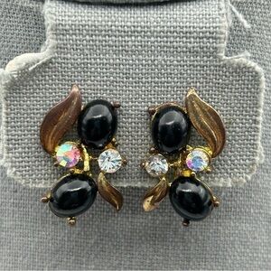 Vintage Black Stone Cluster Clip On Earrings with Brown Leaves and Rhinestones